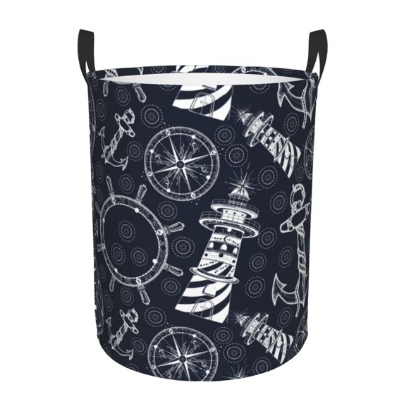 Fotbe Anchor and Lighthouse Laundry Basket with Handles, Waterproof Large Laundry Hamper, Wash Bag for Corner Dorm, Rolling Laundry Basket with Handles-Small