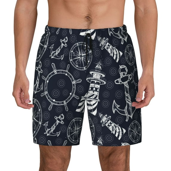 Fotbe Anchor and Lighthouse Men’s Swim Trunks Quick Dry Swim Shorts Board Shorts with Mesh Lining-Large
