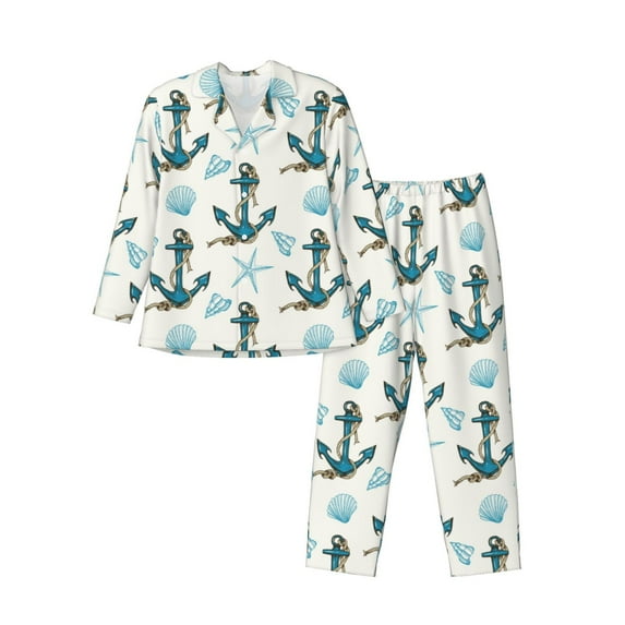 Fotbe Anchors And Shells Pattern Long Sleeve Pajama Set for Men,Sleepwear Set,2-piece Loungewear Set,Soft PJs Comfy Nightwear with Pockets-X-Large