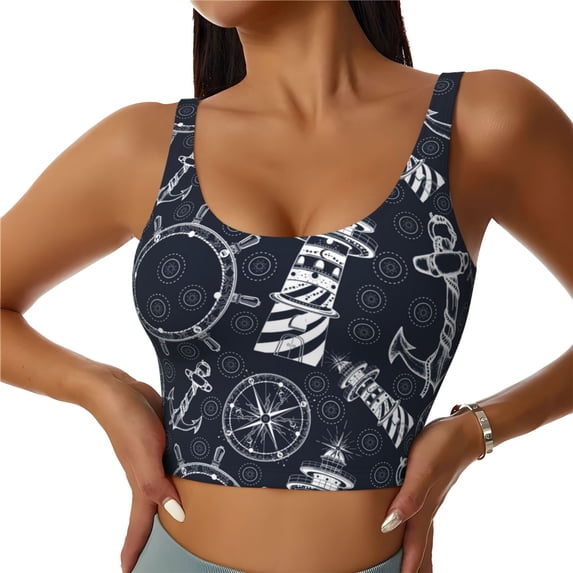 Fotbe Anchors and Lighthouse Pattern Womens' Sports Bra Longline Wirefree Padded with Medium Support Sports Moisture-Wicking Workou Vest,Tank Top-Large
