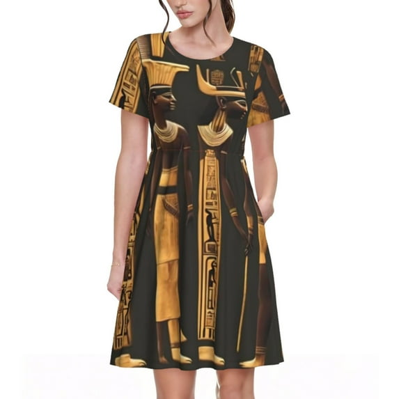 Fotbe Ancient Egyptian Hieroglyph Pattern Dress Casual Womens Fashion Short Sleeve Maxi Dress T Shirt Dress Striped Long Color Block Maxi Dress