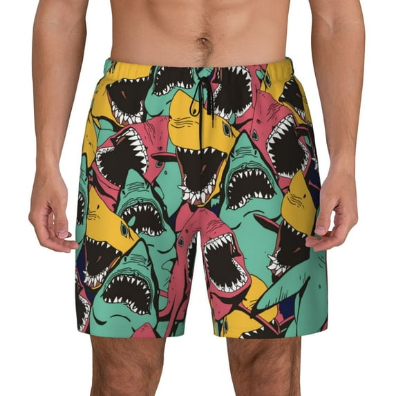Fotbe Angry Shark Pattern Men’s Swim Trunks Quick Dry Swim Shorts Board Shorts with Mesh Lining-Large