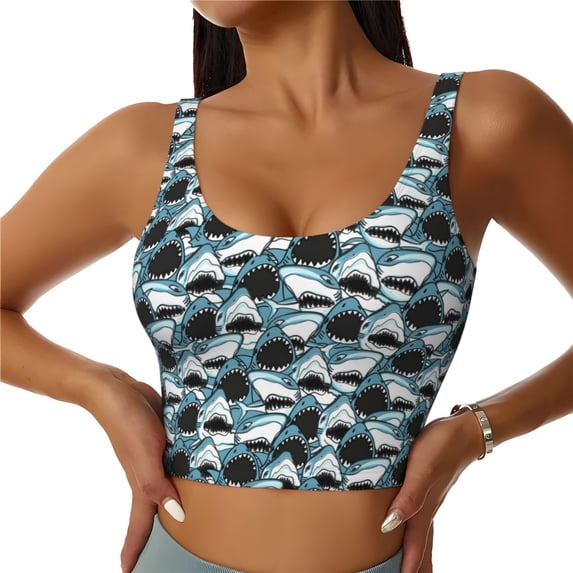 Fotbe Angry Shark Pattern Womens' Sports Bra Longline Wirefree Padded with Medium Support Sports Moisture-Wicking Workou Vest,Tank Top-Large