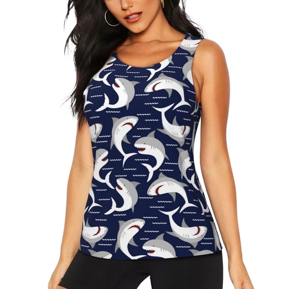 Fotbe Angry Shark Womens Loose Fit Casual Flowy Slim-Fit Tank Tops Athletic Round Neck Trendy Sleeveless Summer Tops for Gym and Yoga-X-Large