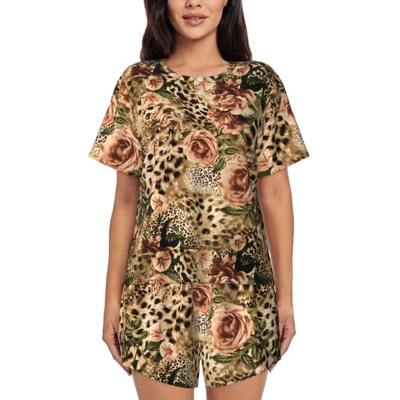 Fotbe Animal Leopard Print Pajama Set for Women 2 Piece Loungewear Short Sleeve Tops and Shorts Set Soft Sleepwear-Small