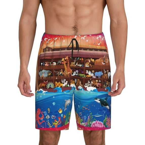 Fotbe Animals On Noah's Ark2 Pajama Shorts for Men, Men's Pajama Bottoms, Sleepwear,Short Pajama Pants-Medium