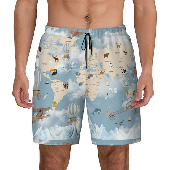 Fotbe Animals Travel World Map Men’s Swim Trunks Quick Dry Swim Shorts Board Shorts with Mesh Lining-Large