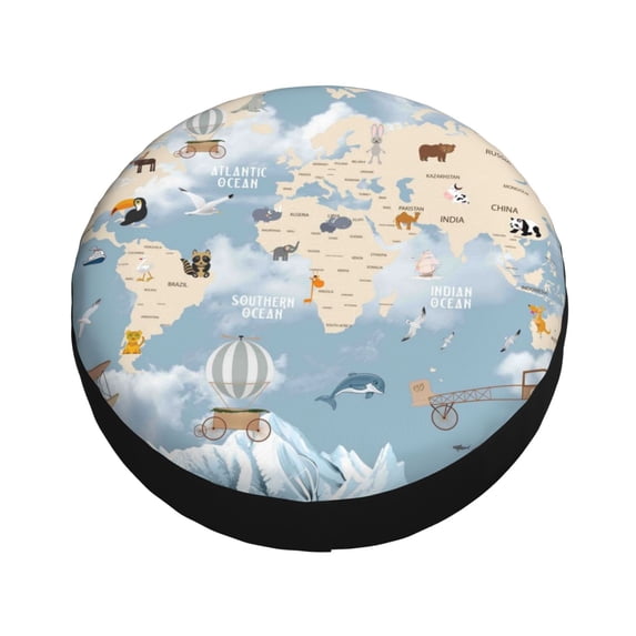 Fotbe Animals Travel World Map Spare Tire Cover Thickening Universal Fit for Jeep, Trailer, RV, SUV, Truck, Tough Tire Wheel Soft Cover-16 inch