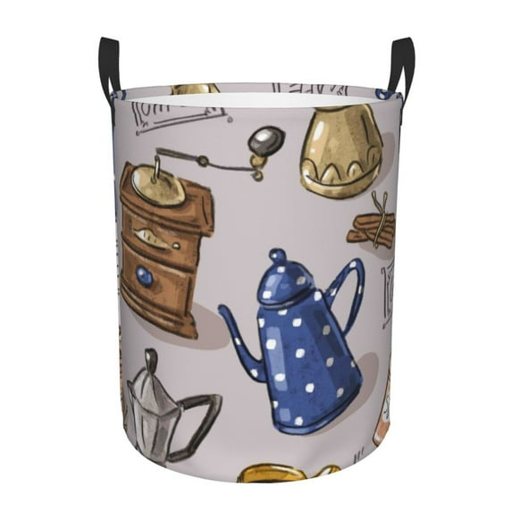 Fotbe Antique Vintage Teapot Coffee Grinder Laundry Basket with Handles, Waterproof Large Laundry Hamper, Wash Bag for Corner Dorm, Rolling Laundry Basket with Handles-Small