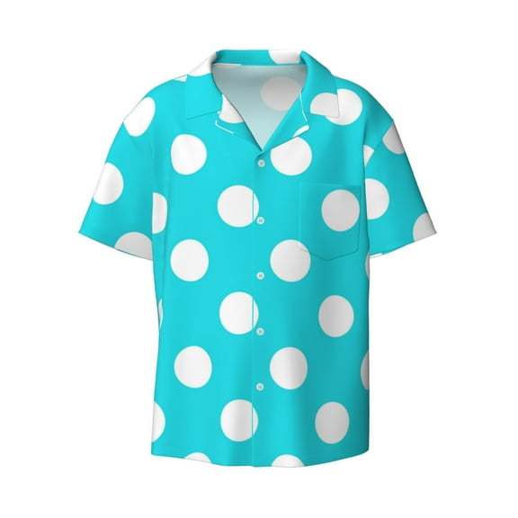 Fotbe Aqua And White Polka Dot print Short Sleeve Button Down Shirts for Men Casual Summer Beach Wrinkle Free Shirt-Medium