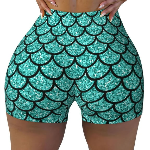 Fotbe Aquamarine Glitter Seamless Shorts, Womens Workout Shorts High Waist Stretch Booty Short for Gym/Yoga/Running/Biking-Small