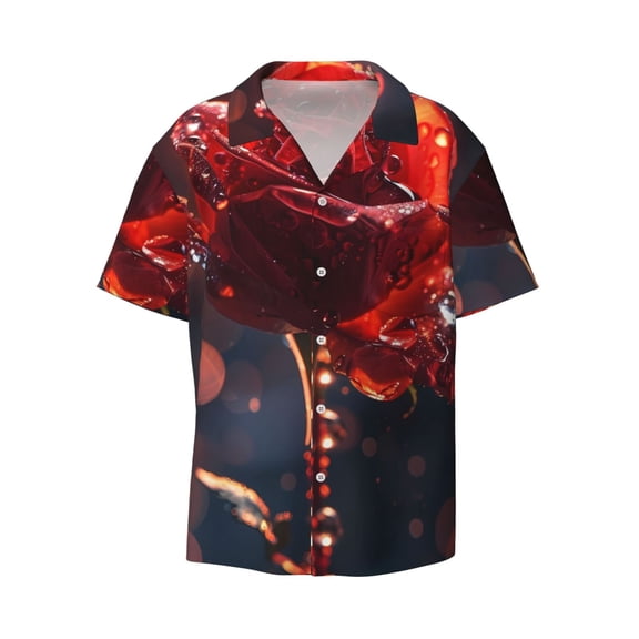 Fotbe Artistic Dewdrop Rose print Short Sleeve Button Down Shirts for Men Casual Summer Beach Wrinkle Free Shirt-Large