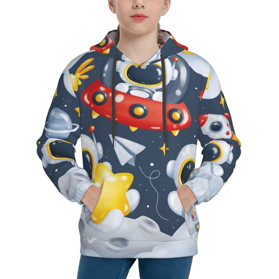 Fotbe Astronaut And Space Pattern Youth Pullover Hooded Sweatshirt, Boys Hoodie, Kangaroo Pocket Hoodie for Kids Girls -X-Large