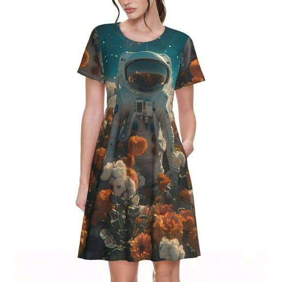 Fotbe Astronaut Flower Field Pattern Dress Casual Womens Fashion Short Sleeve Maxi Dress T Shirt Dress Striped Long Color Block Maxi Dress