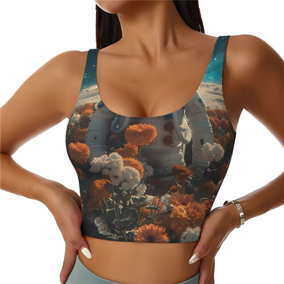 Fotbe Astronaut Flower Field Pattern Womens' Sports Bra Longline Wirefree Padded with Medium Support Sports Moisture-Wicking Workou Vest,Tank Top-