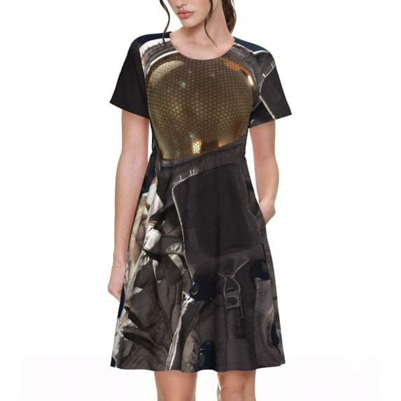 Fotbe Astronaut Pattern Dress Casual Womens Fashion Short Sleeve Maxi Dress T Shirt Dress Striped Long Color Block Maxi Dress