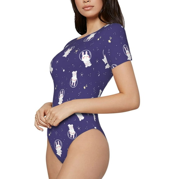 Fotbe Astronaut Rabbit Women's Crew Neck Short Sleeves Bodysuit Tops Round Neck Slim Sleeveless Soft Comfortable Basic-Small