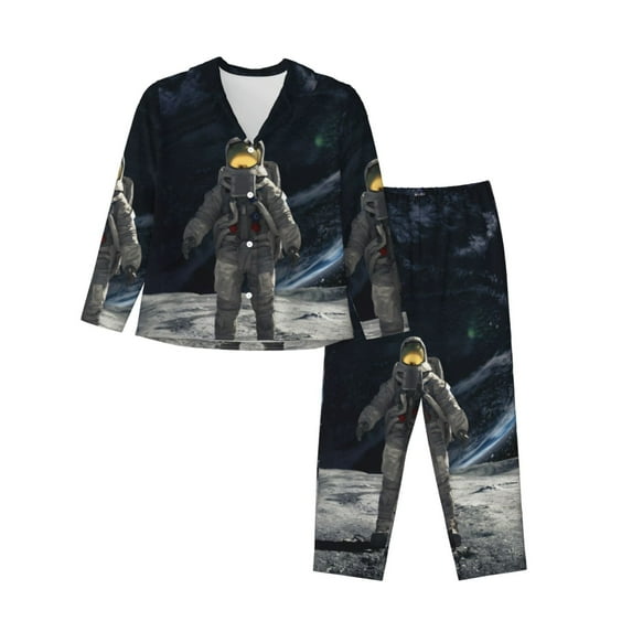 Fotbe Astronaut Standing In The Moon Pattern Long Sleeve Pajama Set for Women,Sleepwear Set,2-piece Loungewear Set,Soft PJs Comfy Nightwear with Pockets -X-Large