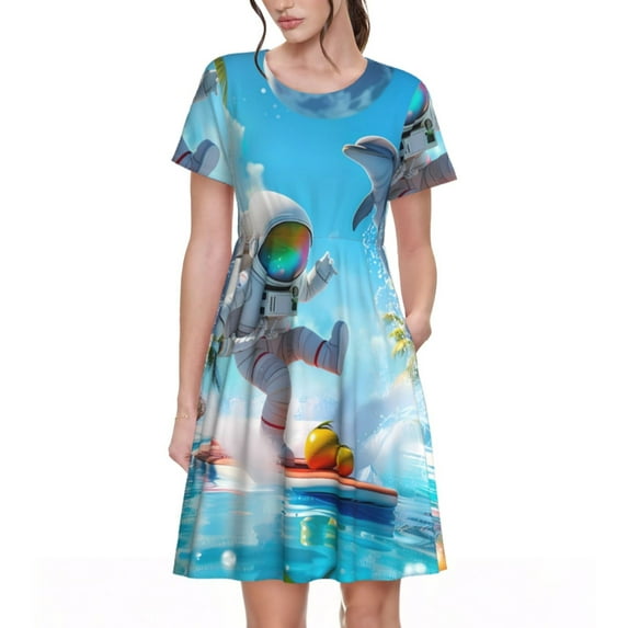 Fotbe Astronaut Tropical Dolphin Pattern Dress Casual Womens Fashion Short Sleeve Maxi Dress T Shirt Dress Striped Long Color Block Maxi Dress