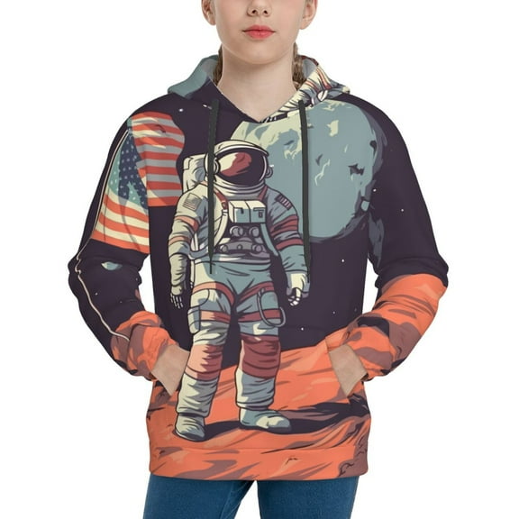 Fotbe Astronaut With American Flag Pattern Youth Pullover Hooded Sweatshirt, Boys Hoodie, Kangaroo Pocket Hoodie for Kids Girls -X-Large