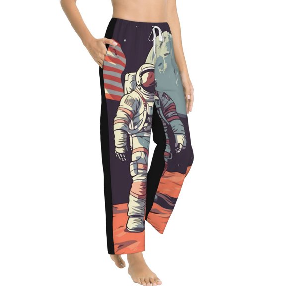 Fotbe Astronaut With American Flag Women's Pajama Pants,Sleepwear Pants,Pj Bottoms Drawstring And Pockets-Small