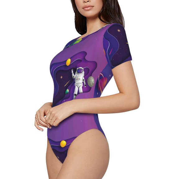 Fotbe Astronaut Women's Crew Neck Short Sleeves Bodysuit Tops Round Neck Slim Sleeveless Soft Comfortable Basic-X-Large