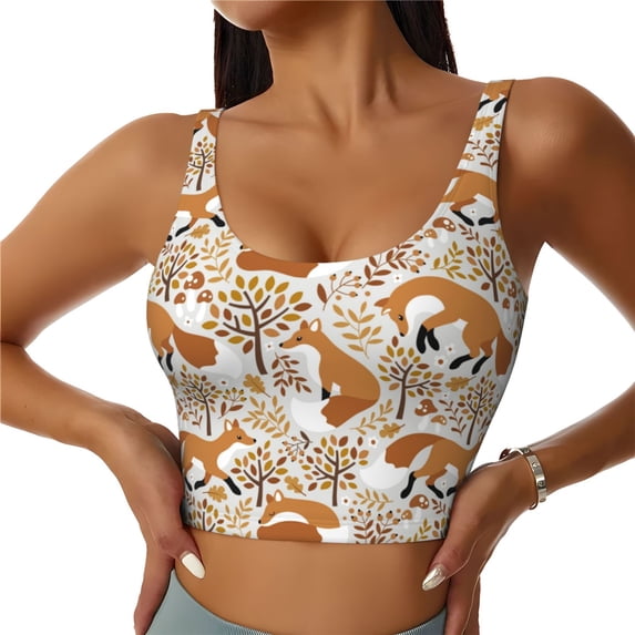 Fotbe Autumn Fox with Brown Plants Pattern Womens' Sports Bra Longline Wirefree Padded with Medium Support Sports Moisture-Wicking Workou Vest,Tank Top-Small