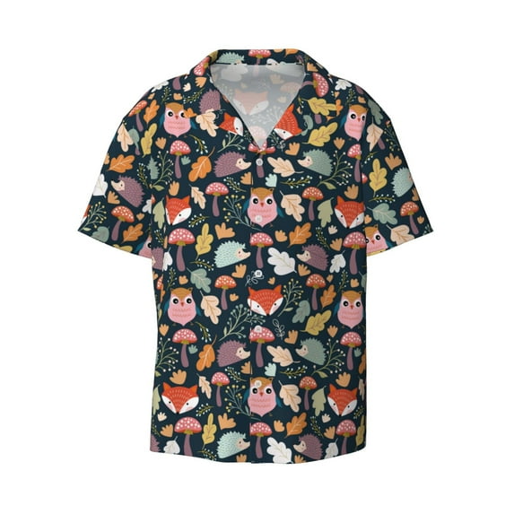 Fotbe Autumn Fox Owl print Short Sleeve Button Down Shirts for Men Casual Summer Beach Wrinkle Free Shirt-3X-Large