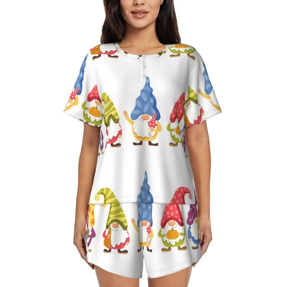 Fotbe Autumn Funny Gnomes Print Pajama Set for Women 2 Piece Loungewear Short Sleeve Tops and Shorts Set Soft Sleepwear-Large