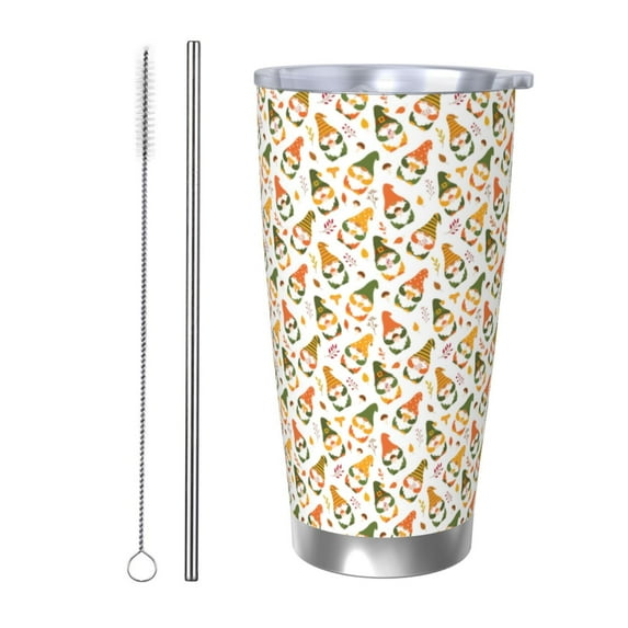Fotbe Autumn Gnomes Holding Mushroom Pattern 20 oz Tumbler Stainless Steel Vacuum Insulated Coffee Ice Cup Double Wall Travel Flask Leak-proof Coffee Cup-Straw Two-piece Set