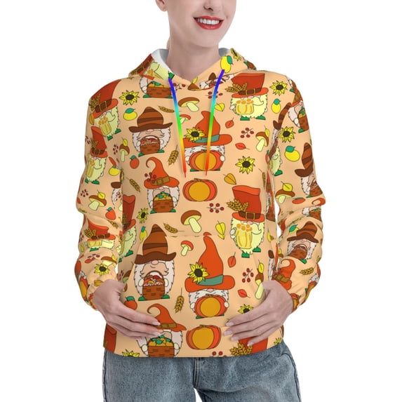 Fotbe Autumn Gnomes Pattern Womens Long Sleeve Hoodie, Pullover Hooded Sweatshirt, Kangaroo Pocket Hoodie with Eye-catching Drawstrings-Small