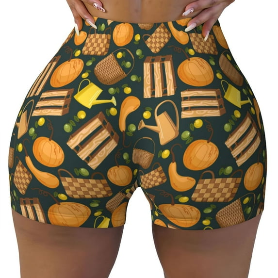 Fotbe Autumn Harvest Pumpkin Basket Seamless Shorts, Womens Workout Shorts High Waist Stretch Booty Short for Gym/Yoga/Running/Biking-Large