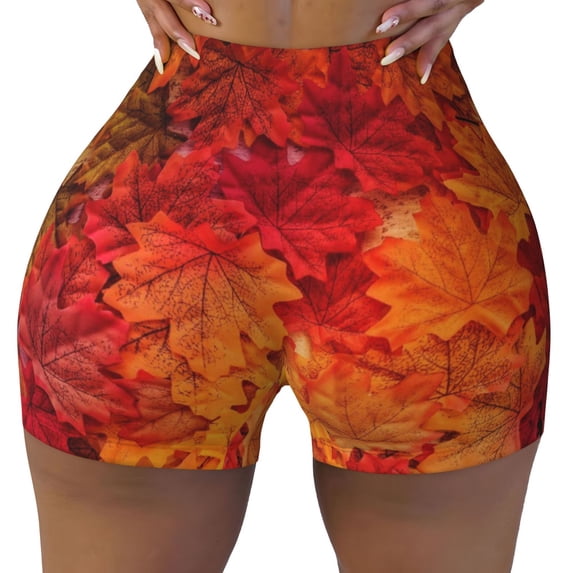 Fotbe Autumn Leaf Seamless Shorts, Womens Workout Shorts High Waist Stretch Booty Short for Gym/Yoga/Running/Biking-Medium