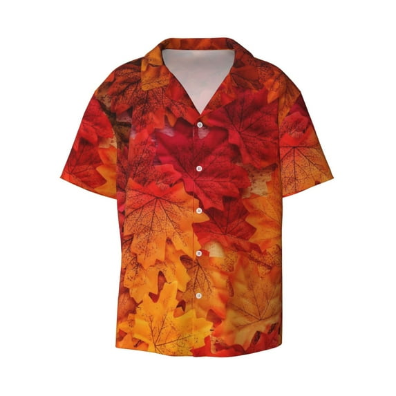 Fotbe Autumn Leaf print Short Sleeve Button Down Shirts for Men Casual Summer Beach Wrinkle Free Shirt-Large