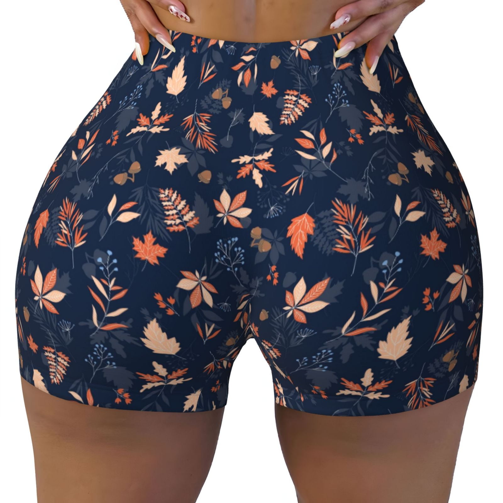 Fotbe Autumn Leaves With Blue Seamless Shorts, Womens Workout Shorts