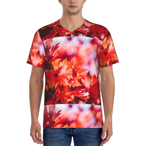 Fotbe Autumn Maple Leaves Baseball Jersey Shirt for Men and Women, Casual Short Sleeves Button Down T-Shirt-X-Large