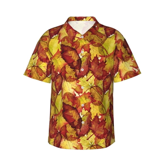 Fotbe Autumn Mosaic Maple Leaves Hawaiian Shirt for Men Unisex Summer Beach Casual Short Sleeve Cotton Linen Button Down Shirts-3X-Large
