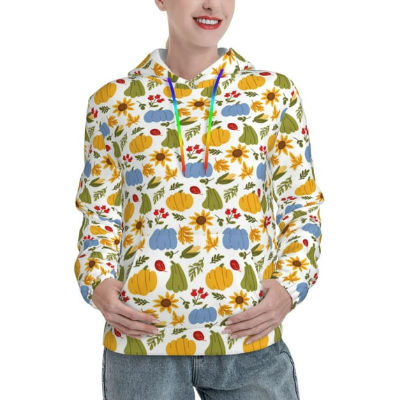 Fotbe Autumn Pumpkins Blooms Pattern Womens Long Sleeve Hoodie, Pullover Hooded Sweatshirt, Kangaroo Pocket Hoodie with Eye-catching Drawstrings-Medium