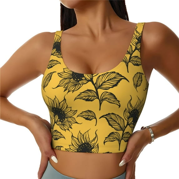 Fotbe Autumn Sunflower Pattern Womens' Sports Bra Longline Wirefree Padded with Medium Support Sports Moisture-Wicking Workou Vest,Tank Top-X-Large