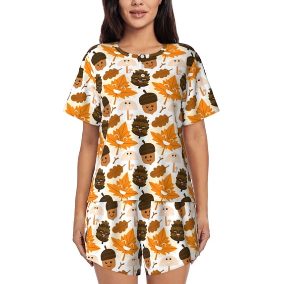Fotbe Autumn Woodland Characters Print Pajama Set for Women 2 Piece Loungewear Short Sleeve Tops and Shorts Set Soft Sleepwear-4X-Large