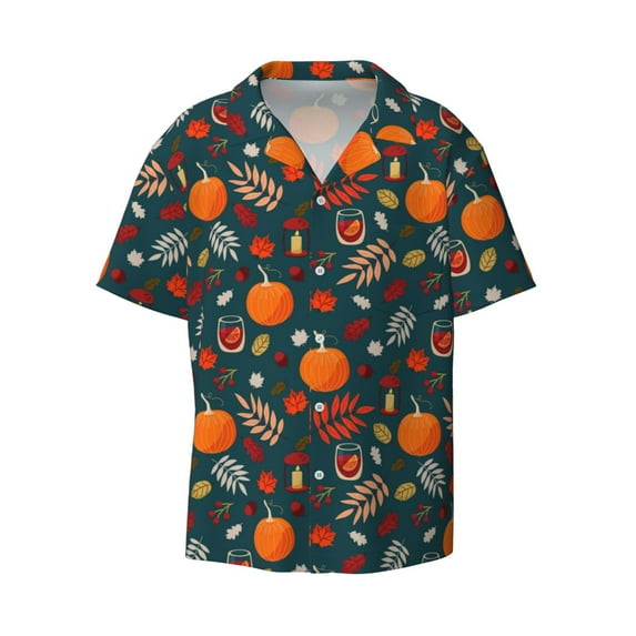 Fotbe Autumn with Pumpkins print Short Sleeve Button Down Shirts for Men Casual Summer Beach Wrinkle Free Shirt-XX-Large