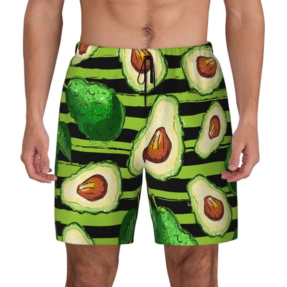 Fotbe Avocado Green Striped Men’s Swim Trunks Quick Dry Swim Shorts Board Shorts with Mesh Lining-Small