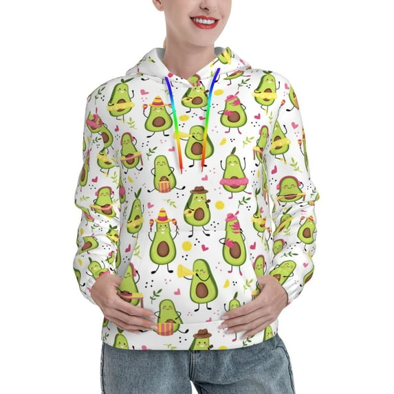 Fotbe Avocado Playing Music Pattern Womens Long Sleeve Hoodie, Pullover Hooded Sweatshirt, Kangaroo Pocket Hoodie with Eye-catching Drawstrings-Small