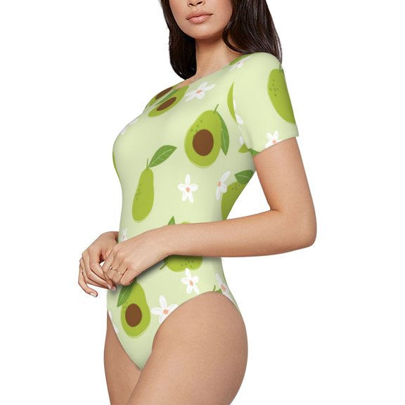 Fotbe Avocado With Leaf And Flower Women's Crew Neck Short Sleeves Bodysuit Tops Round Neck Slim Sleeveless Soft Comfortable Basic-Large