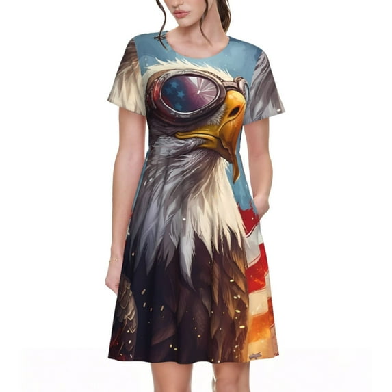 Fotbe Bald Eagle Pilot Pattern Dress Casual Womens Fashion Short Sleeve Maxi Dress T Shirt Dress Striped Long Color Block Maxi Dress