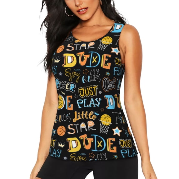 Fotbe Basketball Womens Loose Fit Casual Flowy Slim-Fit Tank Tops Athletic Round Neck Trendy Sleeveless Summer Tops for Gym and Yoga-Small