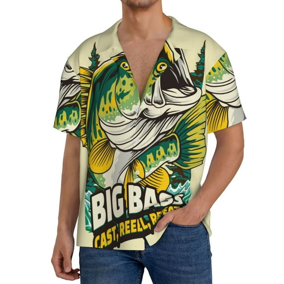Fotbe Bass Fish and Water Print Short Sleeve Button Down Shirts for Men Casual Summer Beach Wrinkle Free Shirt-XX-Large