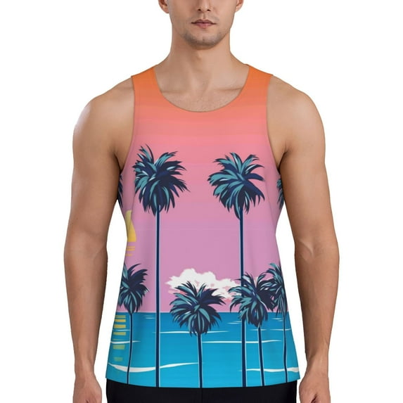 Fotbe Beach with Palm Trees Pattern Men's Quick Dry Workout Tank Top Gym Muscle Tee Fitness Bodybuilding Sleeveless T Shirt Breathable Workout Shirt-Large
