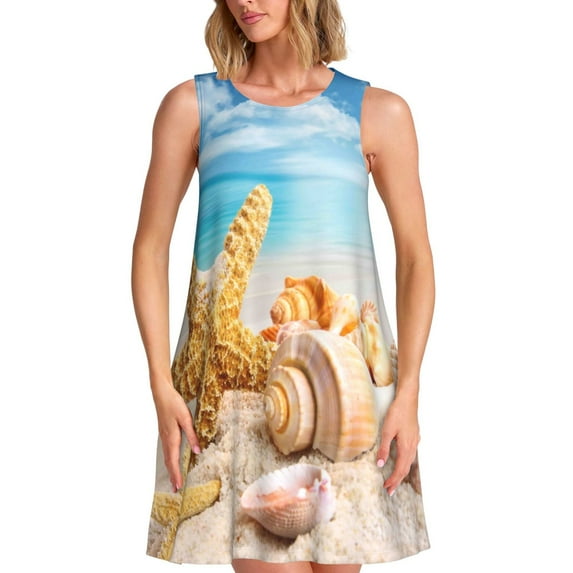 Fotbe Beach Starfish Shell Pattern Women’s Summer Tank Midi Dress – Sleeveless A-Line Dress, Floral T-Shirt Dress, Casual Flowing Beach Sundress