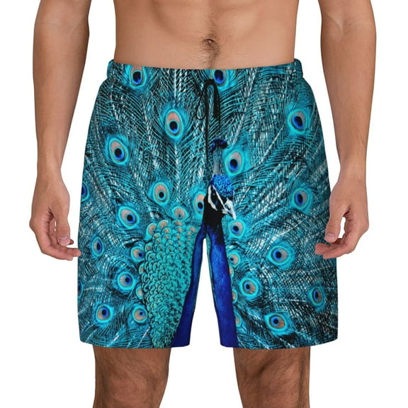 Fotbe Beautiful Blue Peacock Men’s Swim Trunks Quick Dry Swim Shorts Board Shorts with Mesh Lining-Small